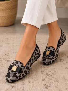 Cole Haan Tail Bow Loafers Mercer Ocelot Animal Print Calf Hair Gray & Black. S8